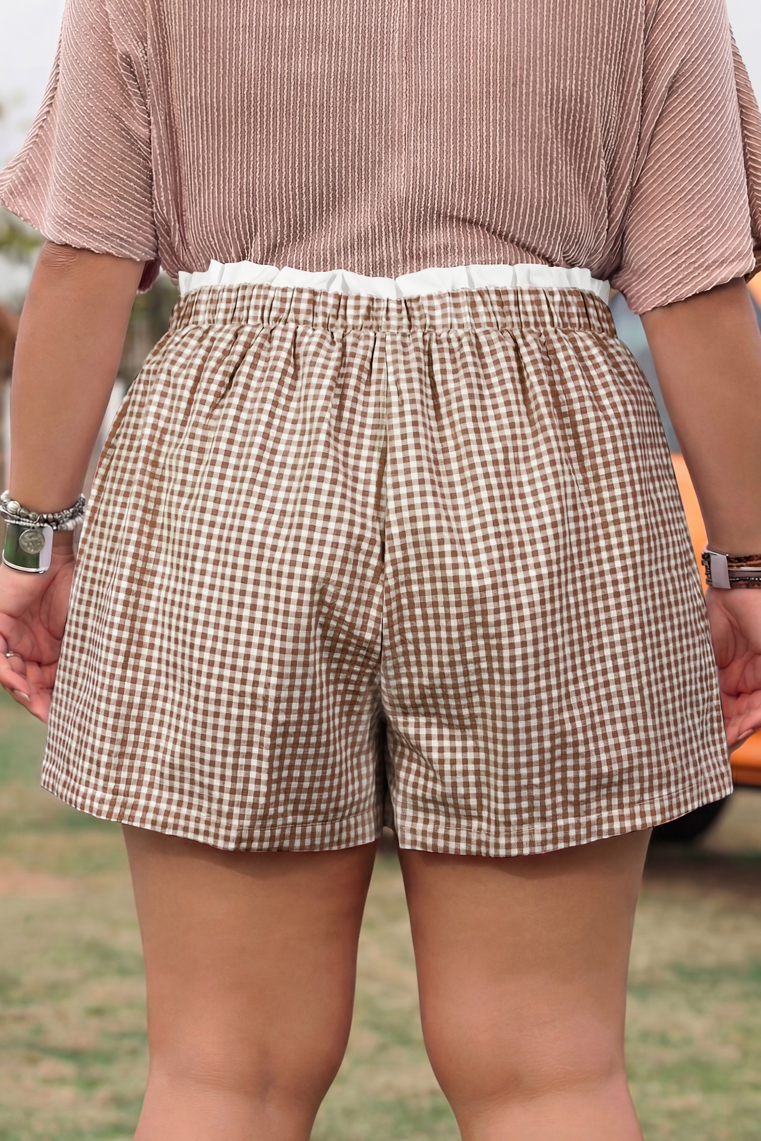Red Contrast Trim Plaid Print Plus Size Shorts
