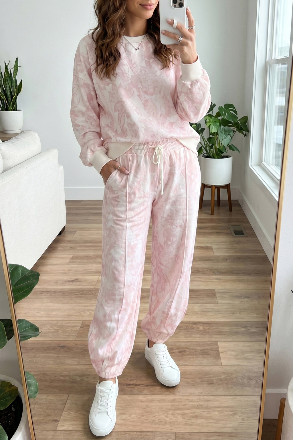Pink Abstract Print Drop Shoulder Drawstring Waist Drawstring Hem Pant Set