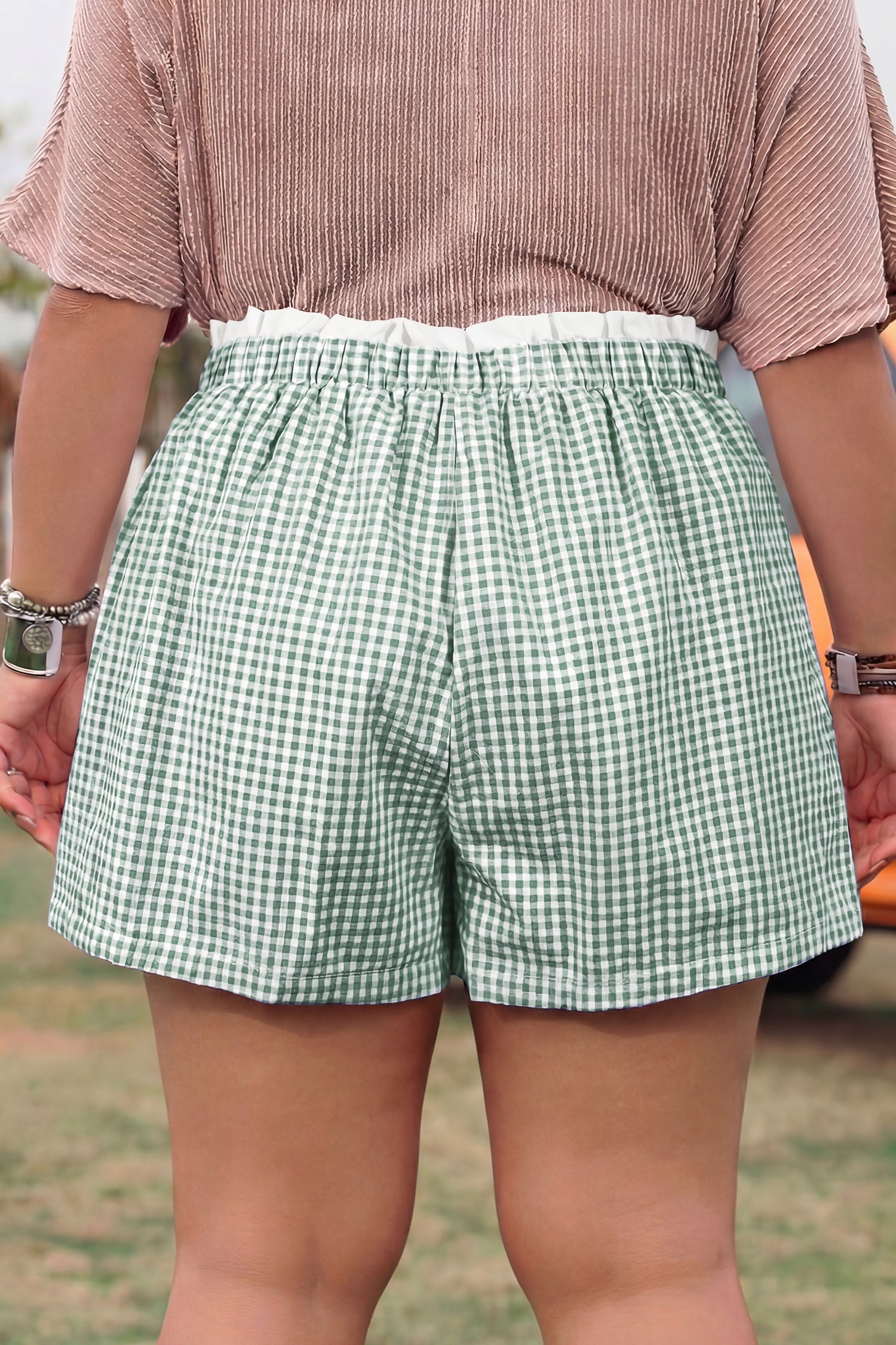 Red Contrast Trim Plaid Print Plus Size Shorts