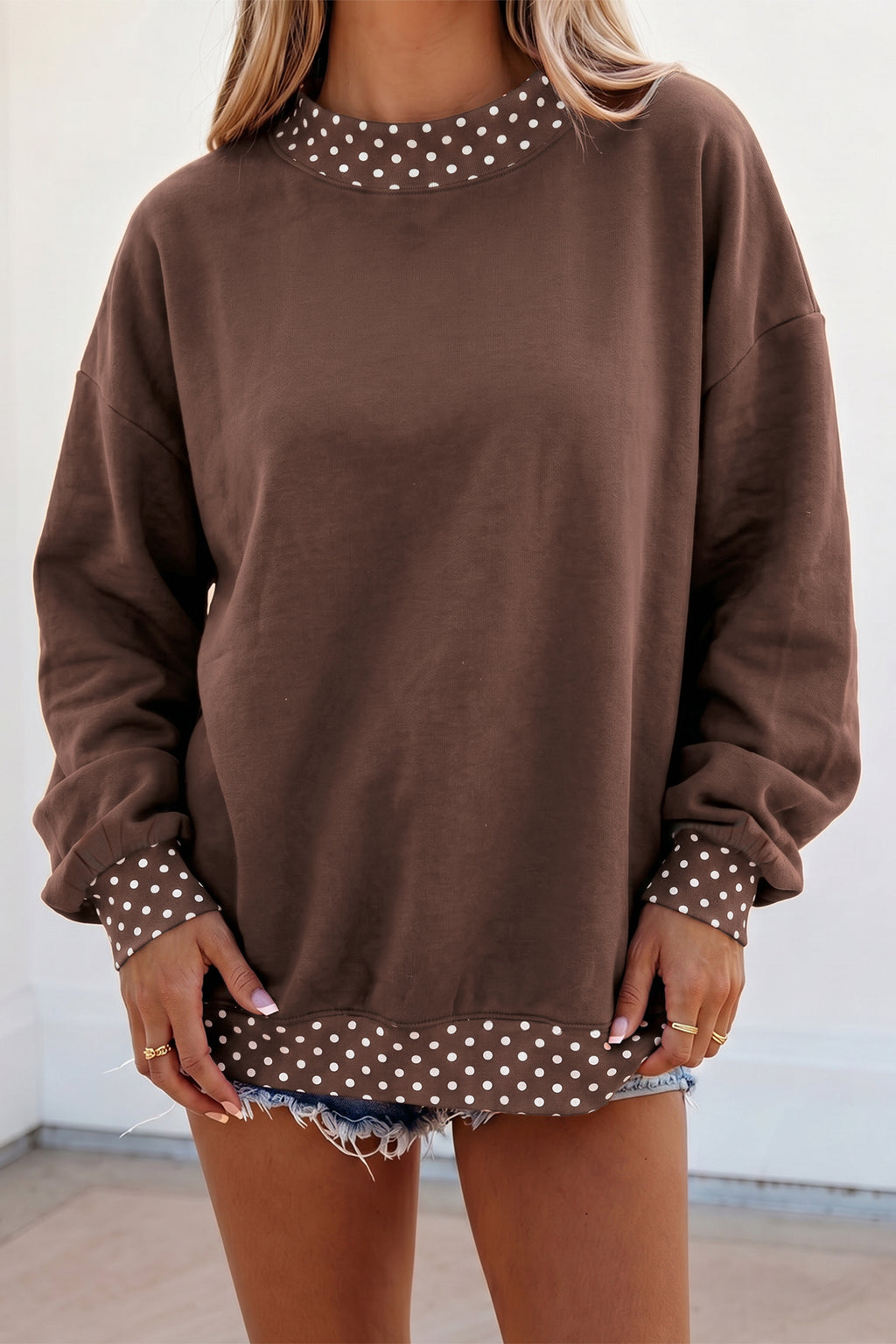 Dirty blue Colorblock Polka Dot Contrast Trim Oversized Sweatshirt