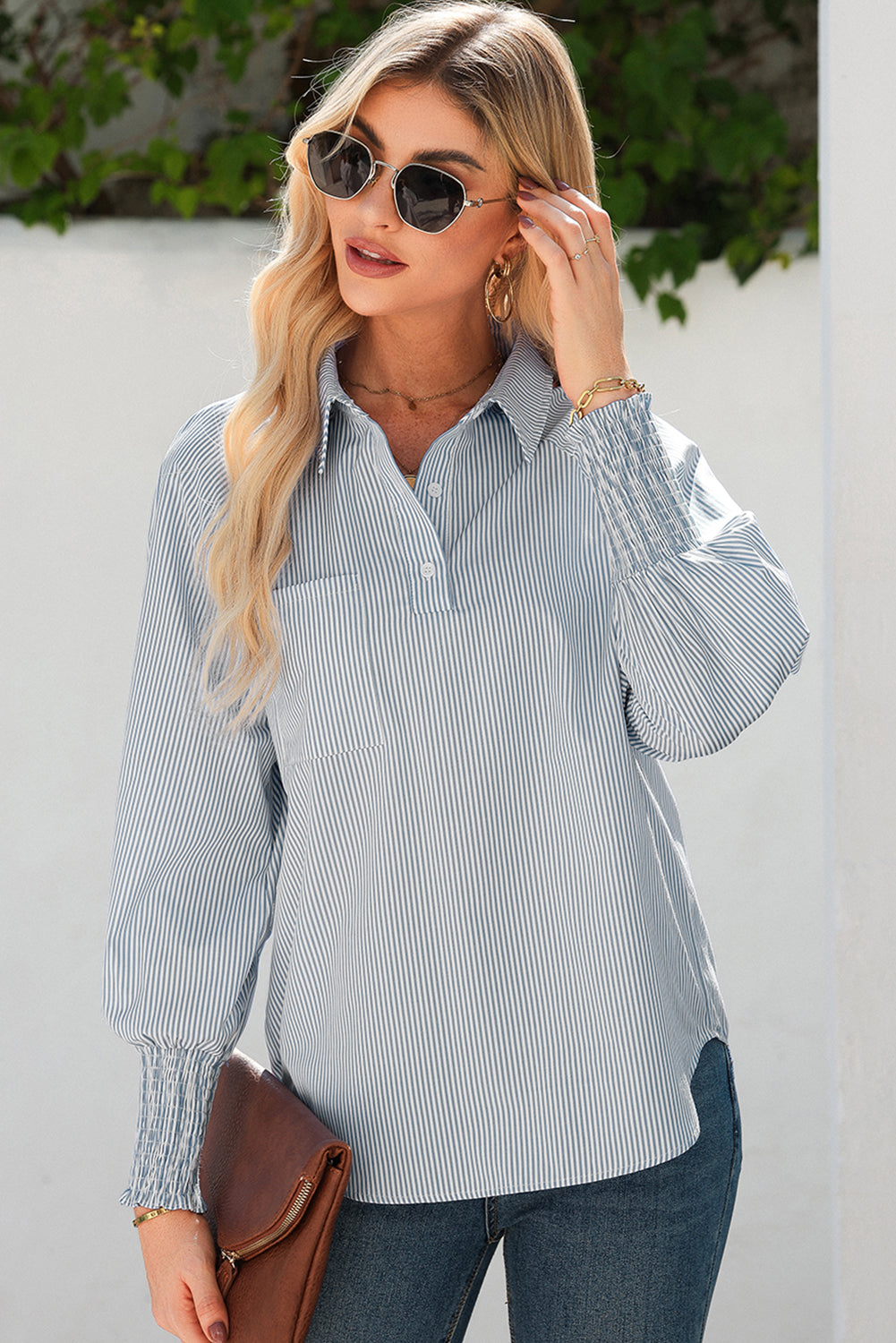 Sky Blue Stripe Pinstripe Long Sleeve Smocked Cuffs Button Shirt Collar Blouse