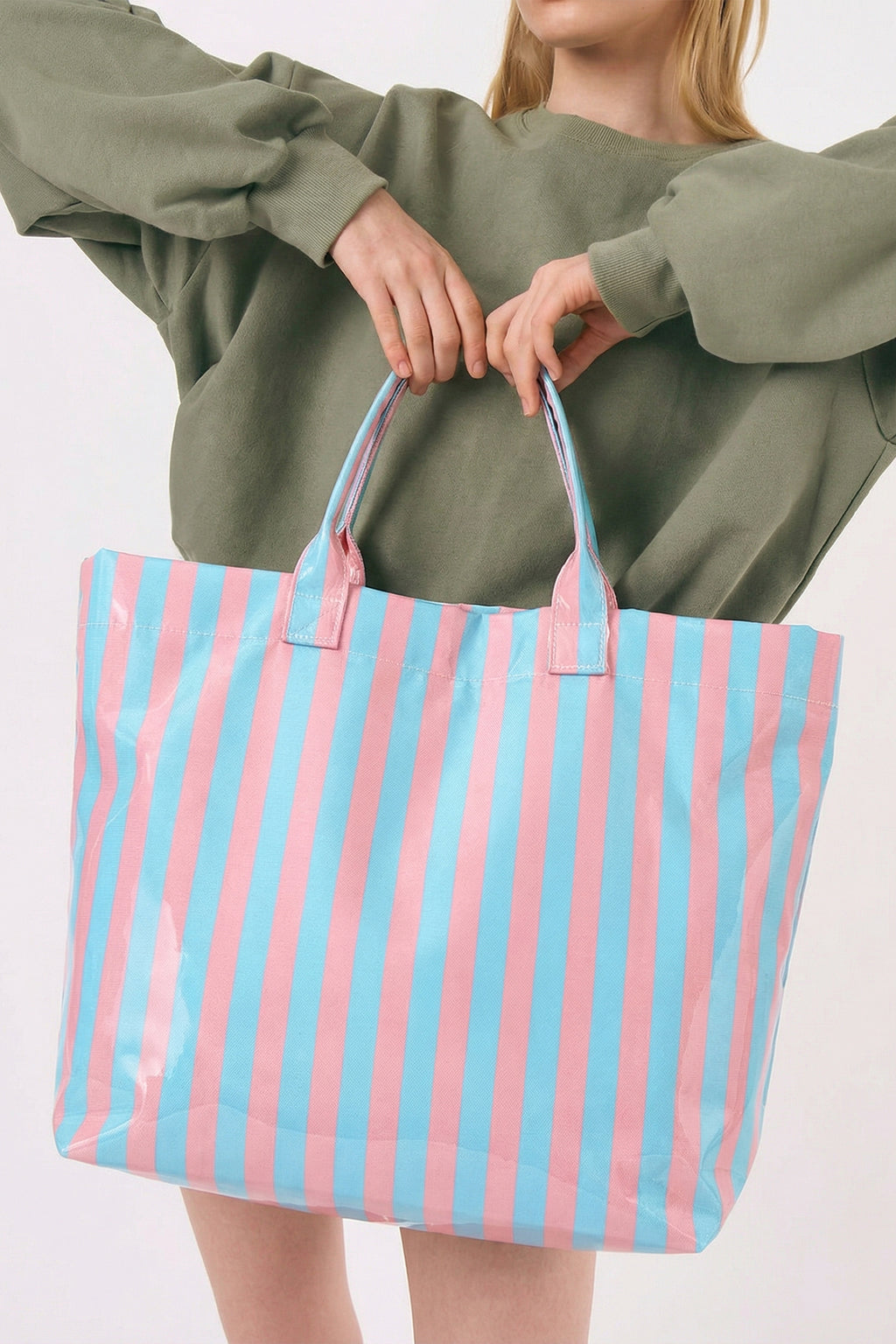Pink Glossy Striped Vinyl Large Tote Bag (Color Varied)