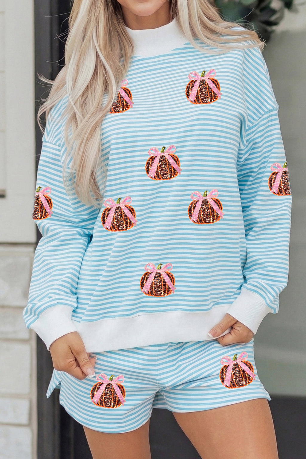 Sky Blue Stripe Sequined Pumpkin Baggy Pullover Casual Shorts Two-Piece Set
