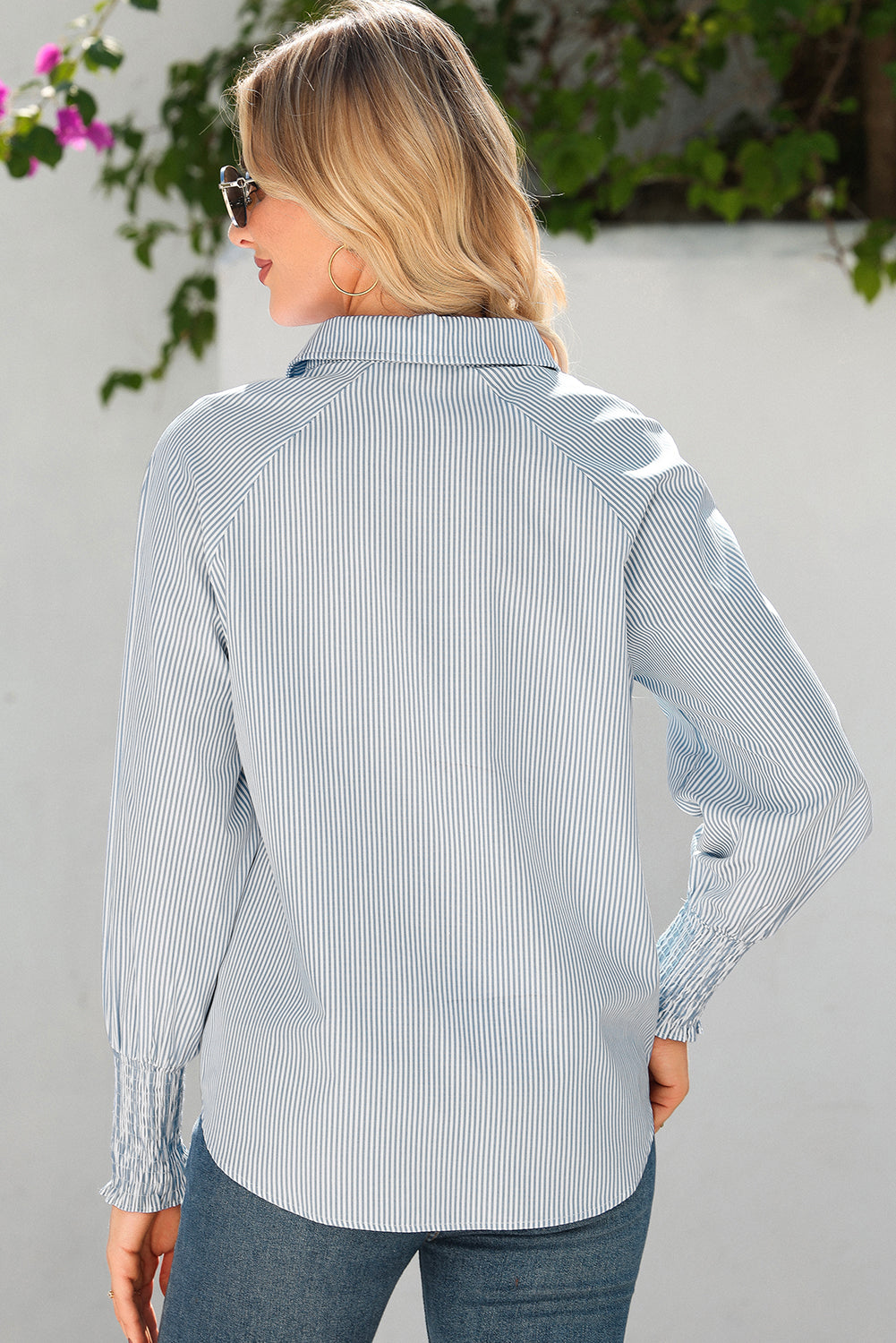 Sky Blue Stripe Pinstripe Long Sleeve Smocked Cuffs Button Shirt Collar Blouse