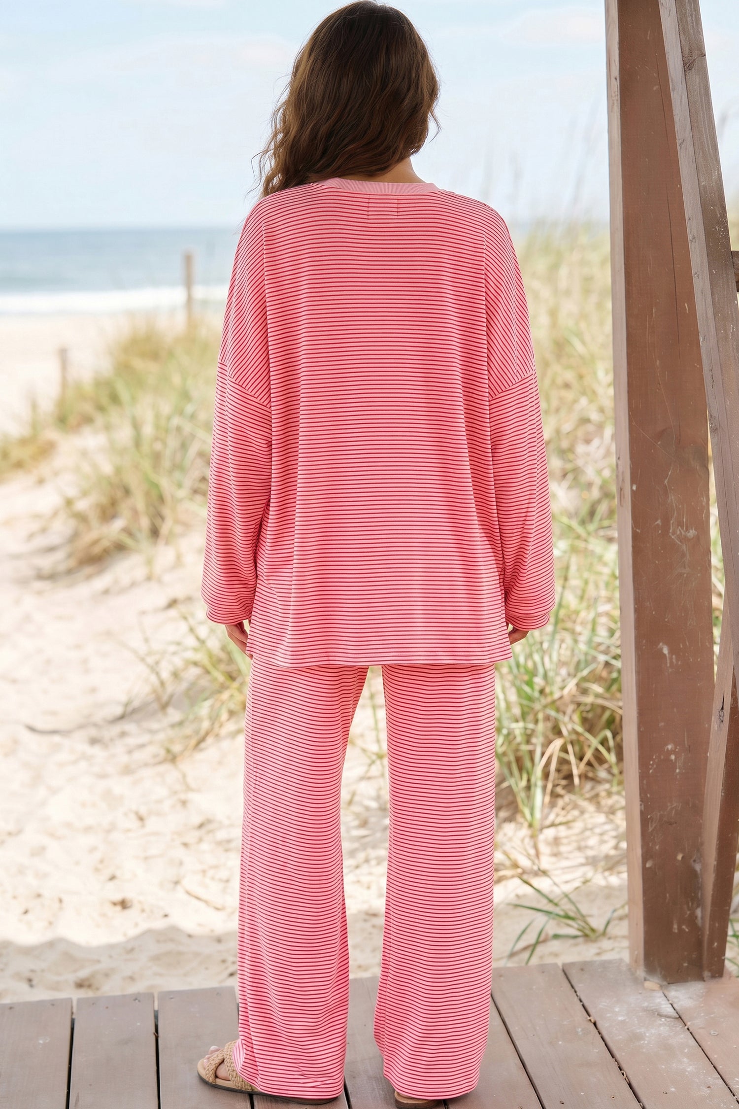 Pink Striped Drop Shoulder Long Sleeve Pant Set