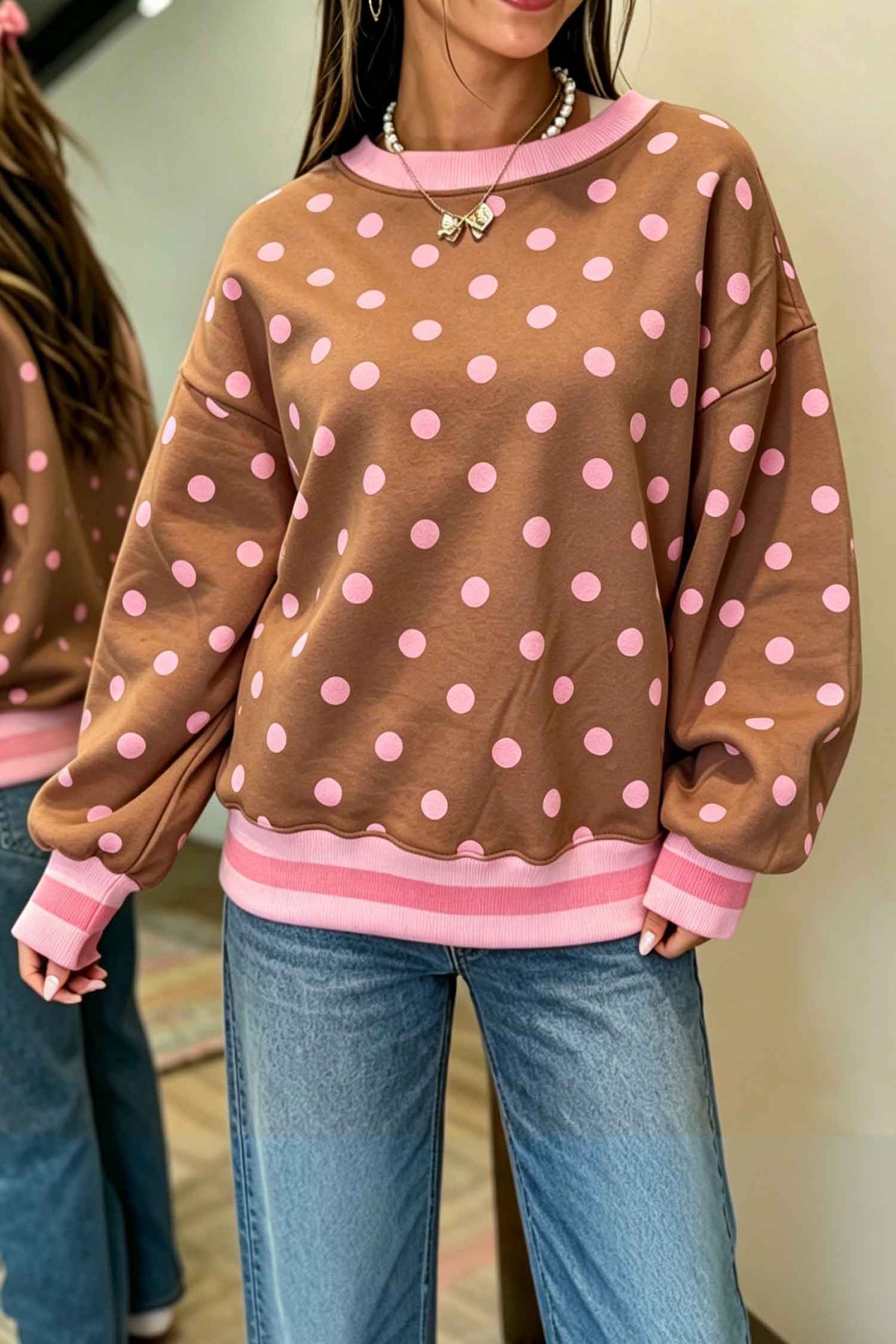 Pink Polka Dot Colorblock Round Neck Pullover Sweatshirt