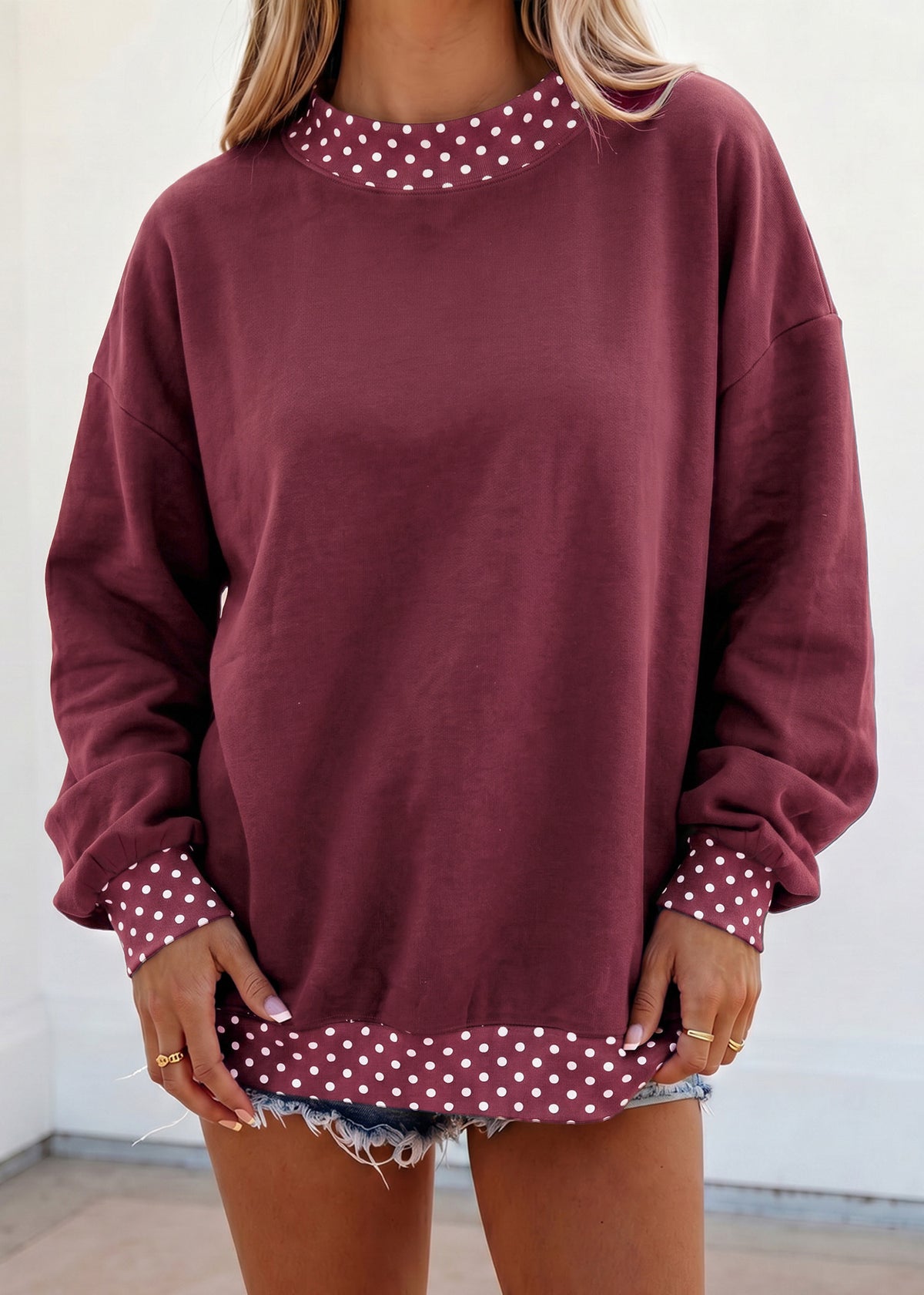 Pink Colorblock Polka Dot Contrast Trim Oversized Sweatshirt