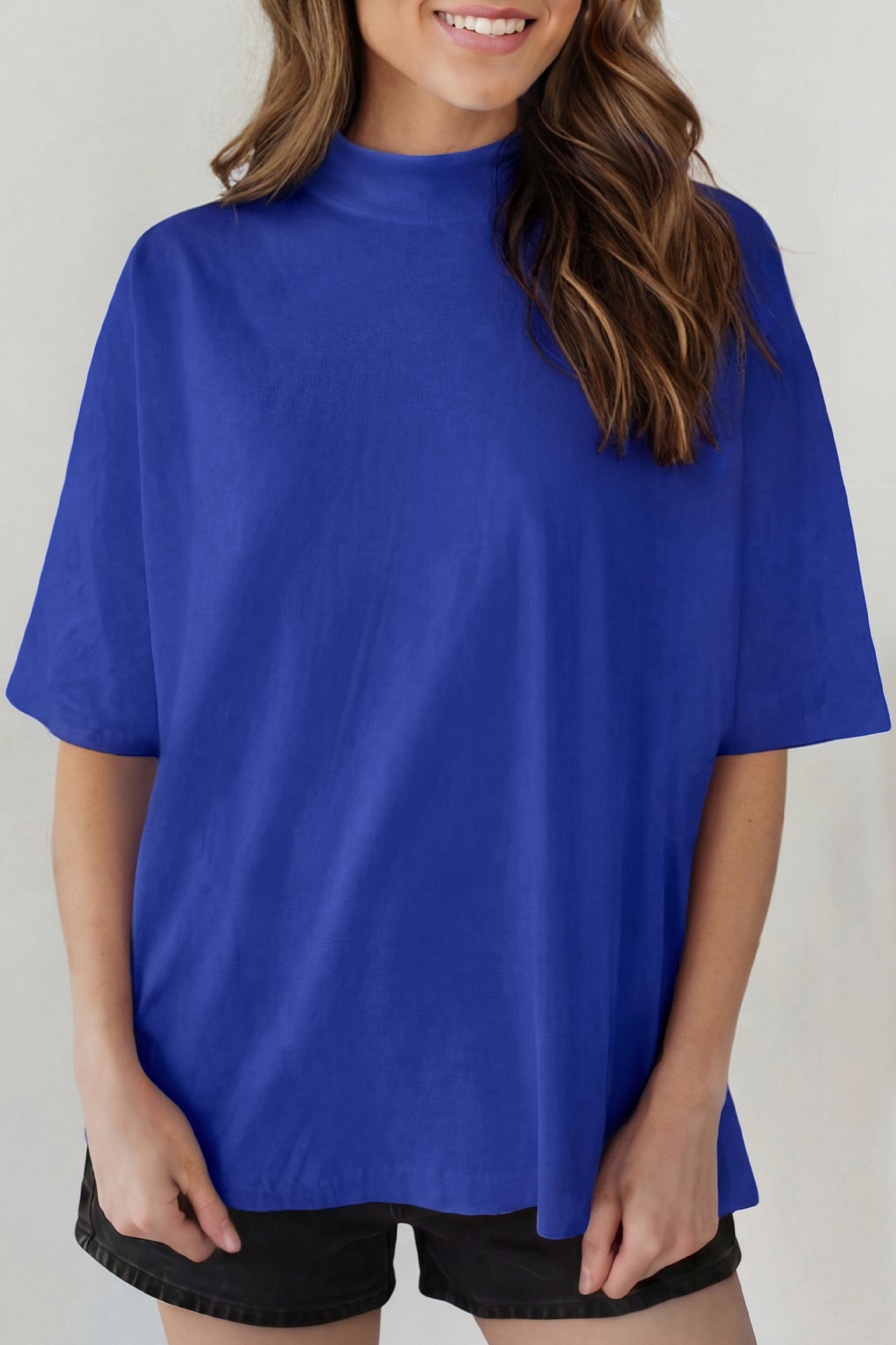 Beau Blue Solid Color High Neck Oversize Tee