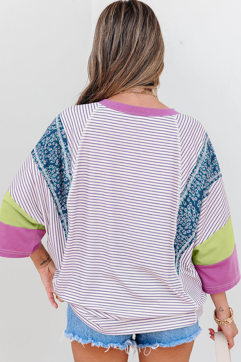 Purple Stripe Floral Color Block Raw Edge Patchwork Bracelet Sleeve Blouse