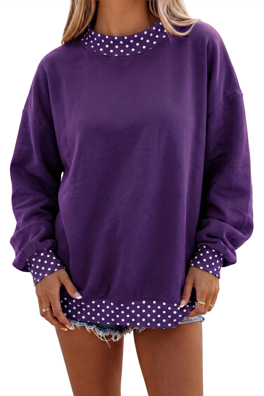 Pink Colorblock Polka Dot Contrast Trim Oversized Sweatshirt