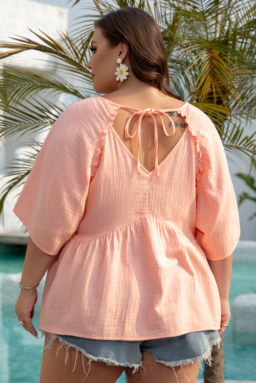 Apricot Pink Plus Size Textured Wide Short Sleeve Babydoll Blouse