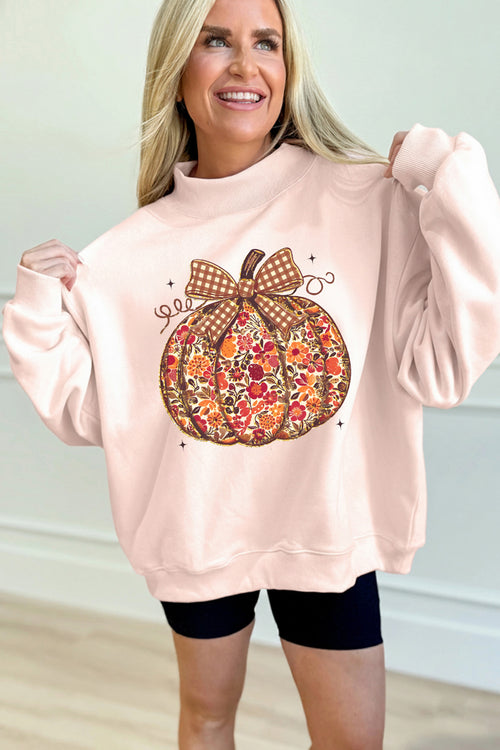 Apricot Pink Floral Pumpkin Graphic Mock Neck Oversized Sweatshirt