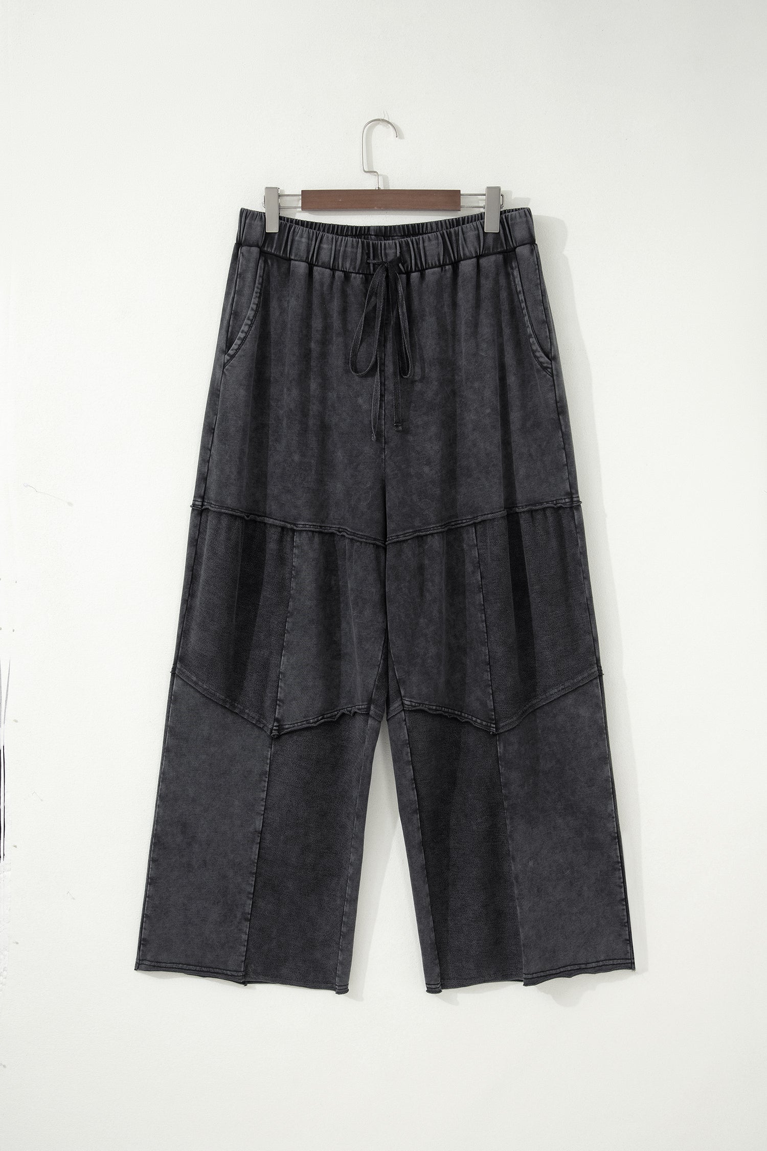 Black Plus Size Mineral Wash Exposed Seam Patchwork Drawstring Loose Pants