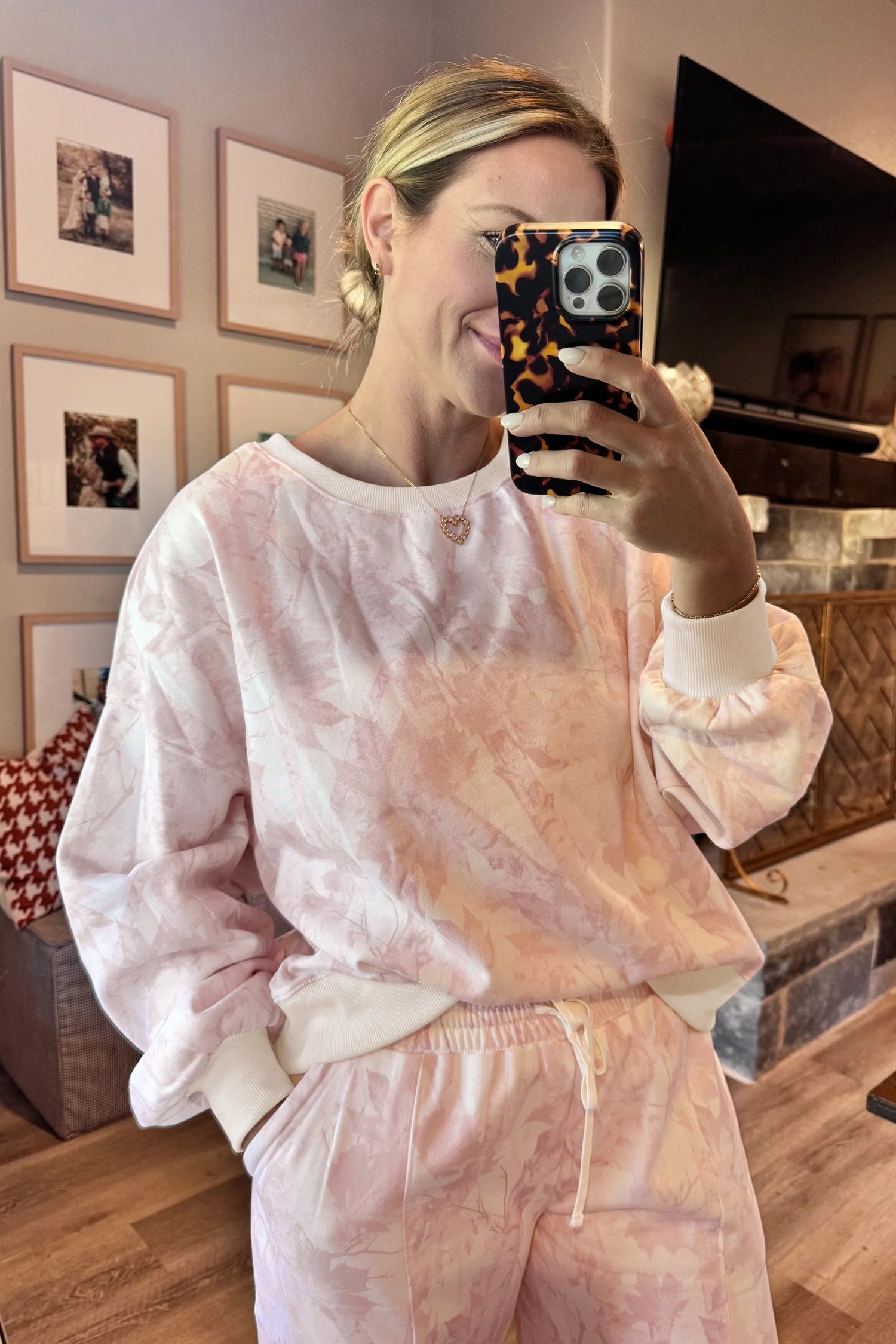 Pink Abstract Print Drop Shoulder Drawstring Waist Drawstring Hem Pant Set