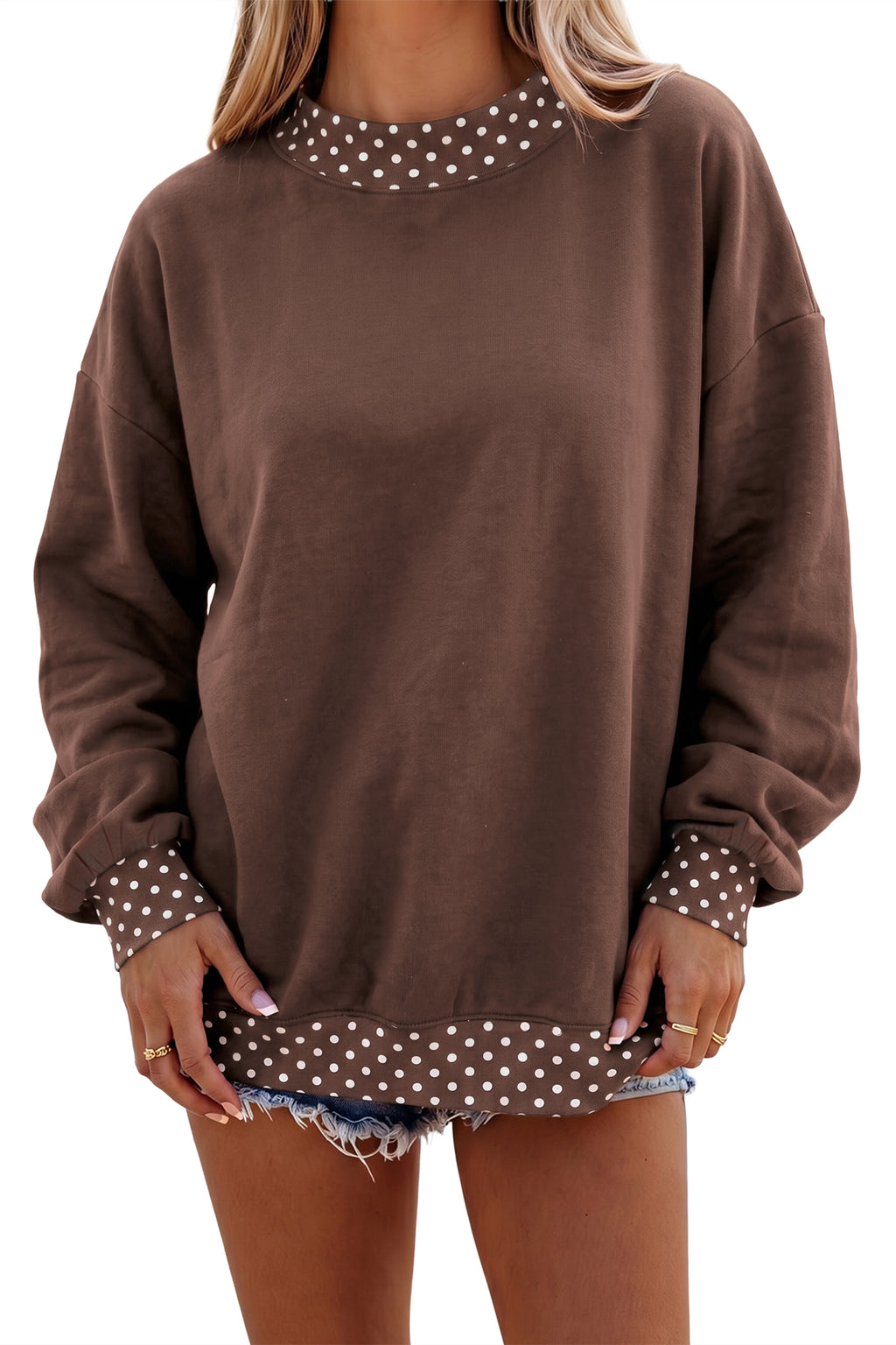 Dirty blue Colorblock Polka Dot Contrast Trim Oversized Sweatshirt
