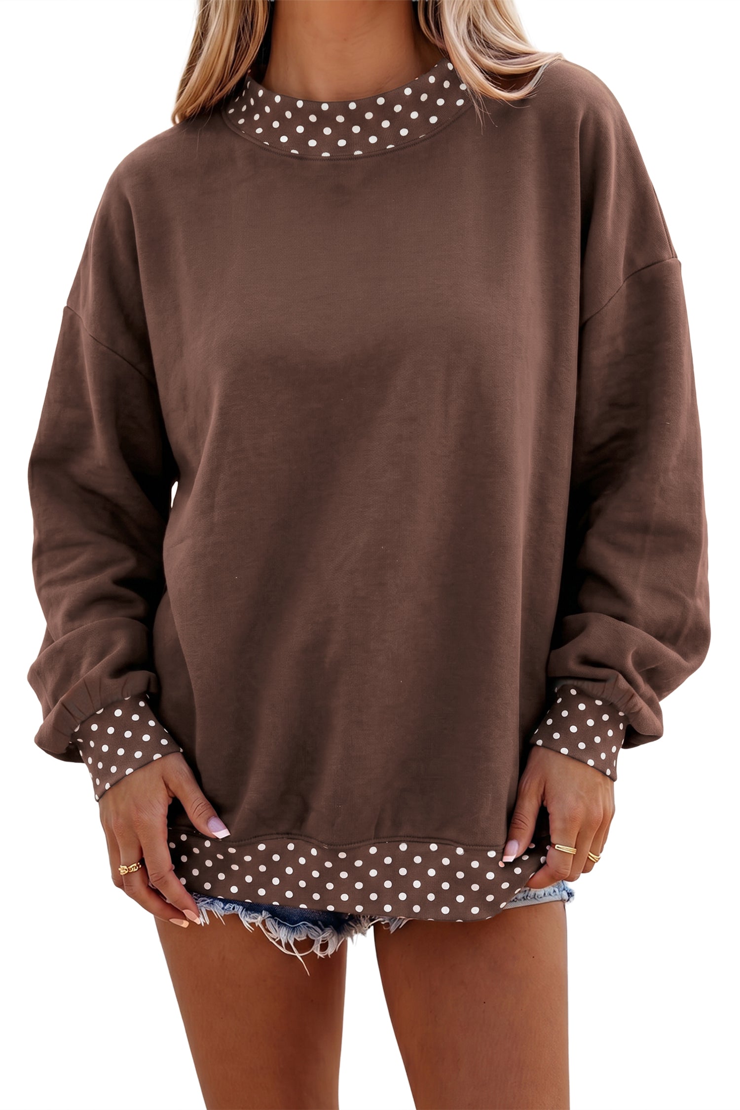 Dirty blue Colorblock Polka Dot Contrast Trim Oversized Sweatshirt
