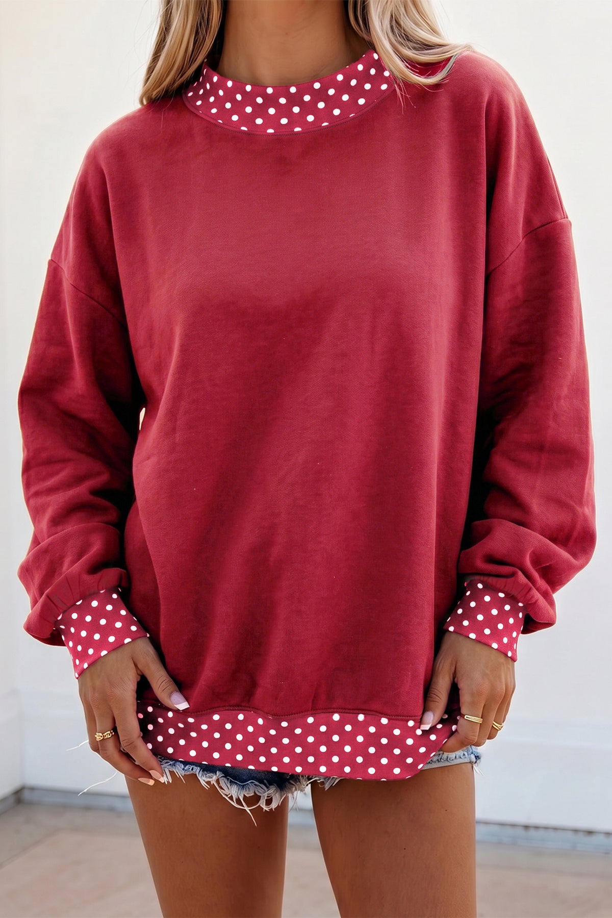 Pink Colorblock Polka Dot Contrast Trim Oversized Sweatshirt