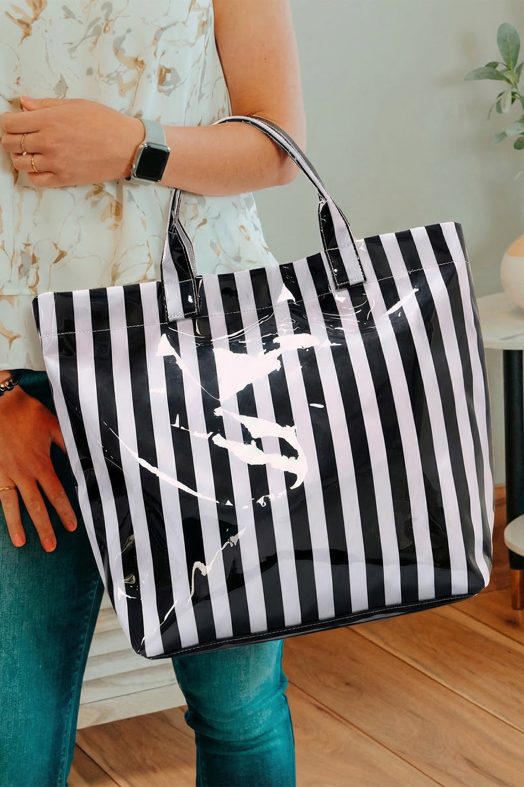 Pink Glossy Striped Vinyl Large Tote Bag (Color Varied)