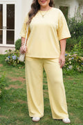 Yellow Cream Solid Color Eyelet Lace Panel Accent Plus Size 2pcs Outfit