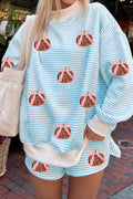 Sky Blue Stripe Sequined Pumpkin Baggy Pullover Casual Shorts Two-Piece Set