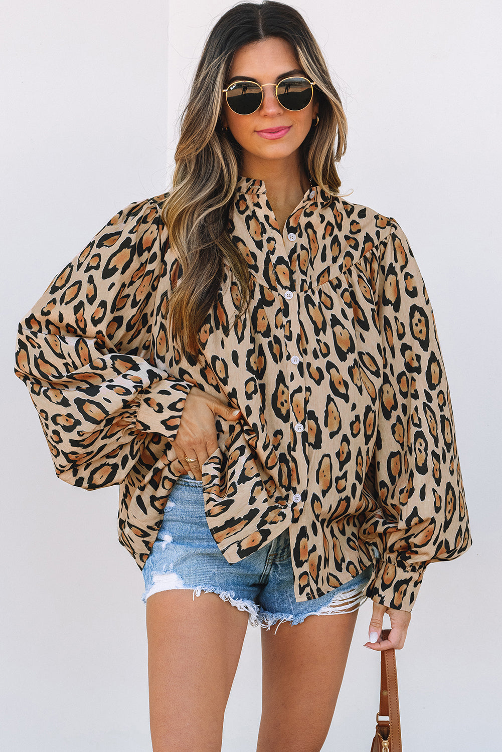 Rose Red Oversized Leopard Print Balloon Sleeve Casual Shirt