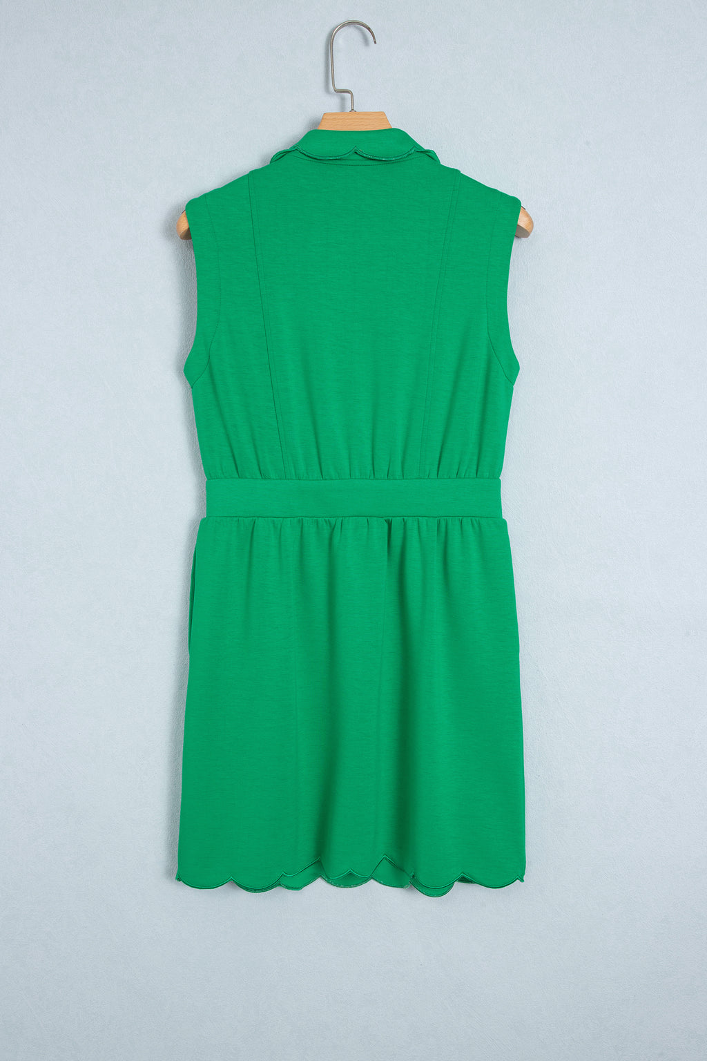 Bright Green Sleeveless Zip Front Scallop Hem Mini Dress