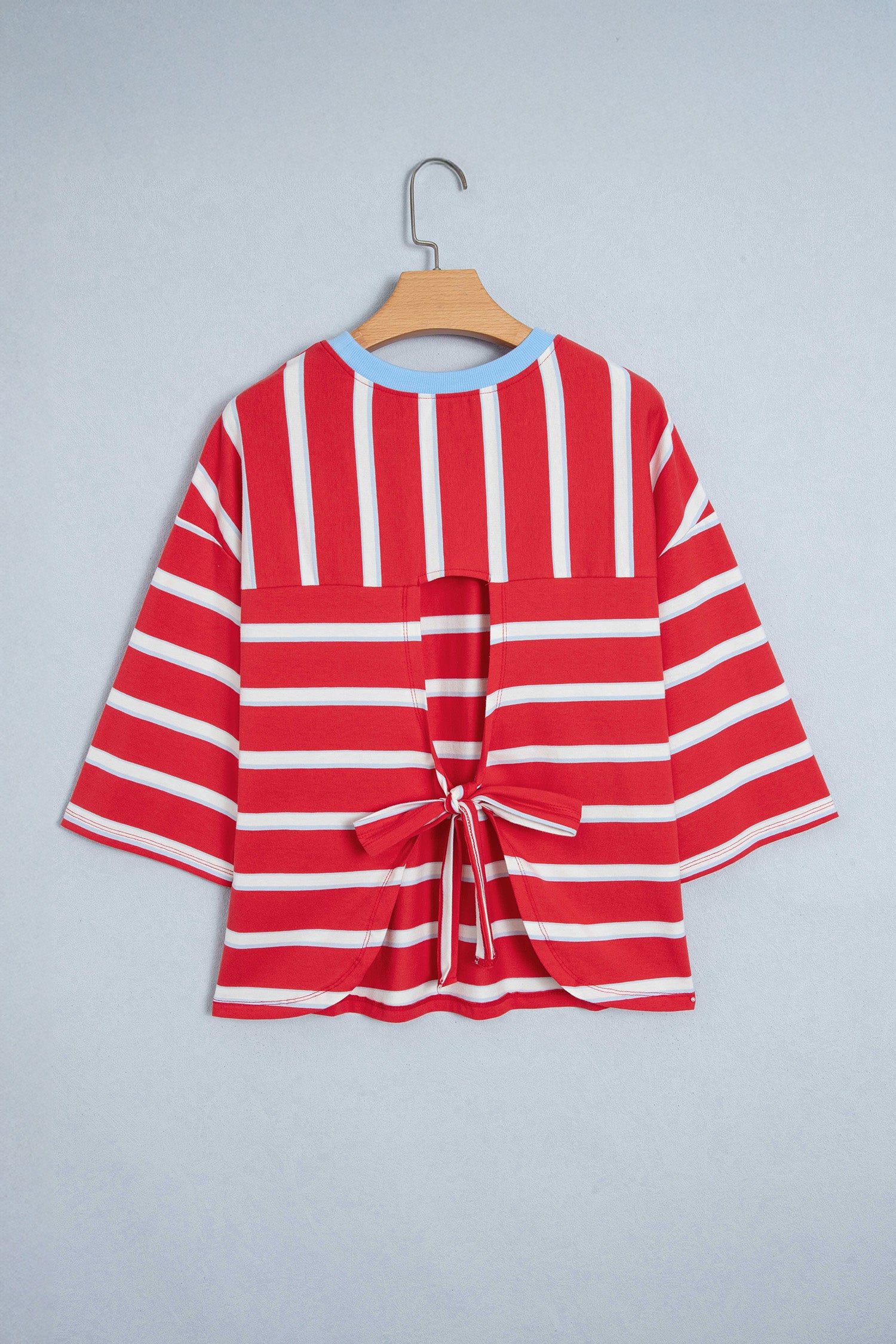 Racing Red Striped Bow Tie Hollowed Back 7/8 Sleeve Casual T-Shirt