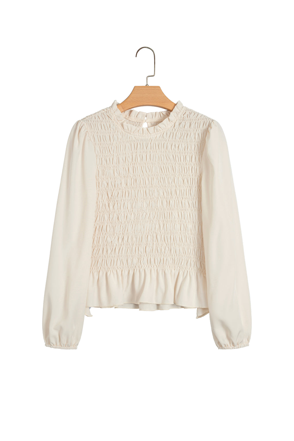 Coffee Solid Color Smocked Ruffle Hem Long Sleeve Blouse