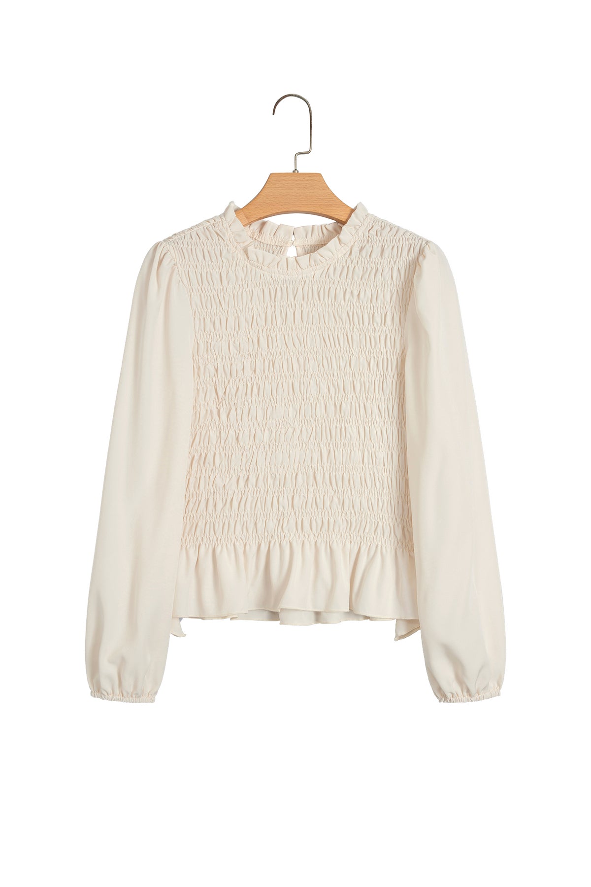 Coffee Solid Color Smocked Ruffle Hem Long Sleeve Blouse