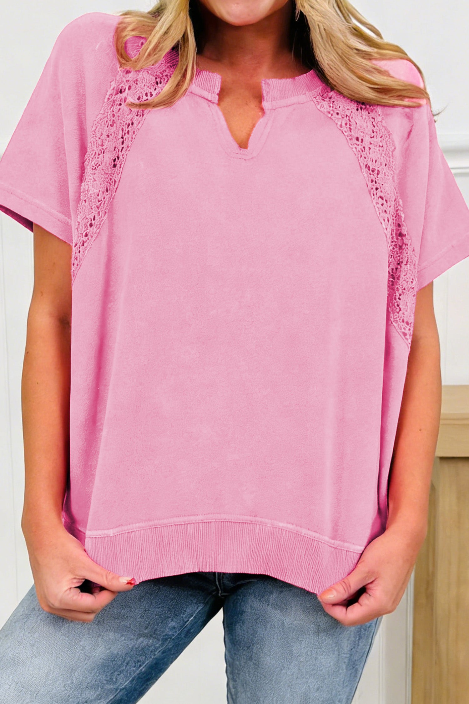 Mint Green Raw Cut Notched Neck Lace Patchwork Detail Mineral Wash Tee
