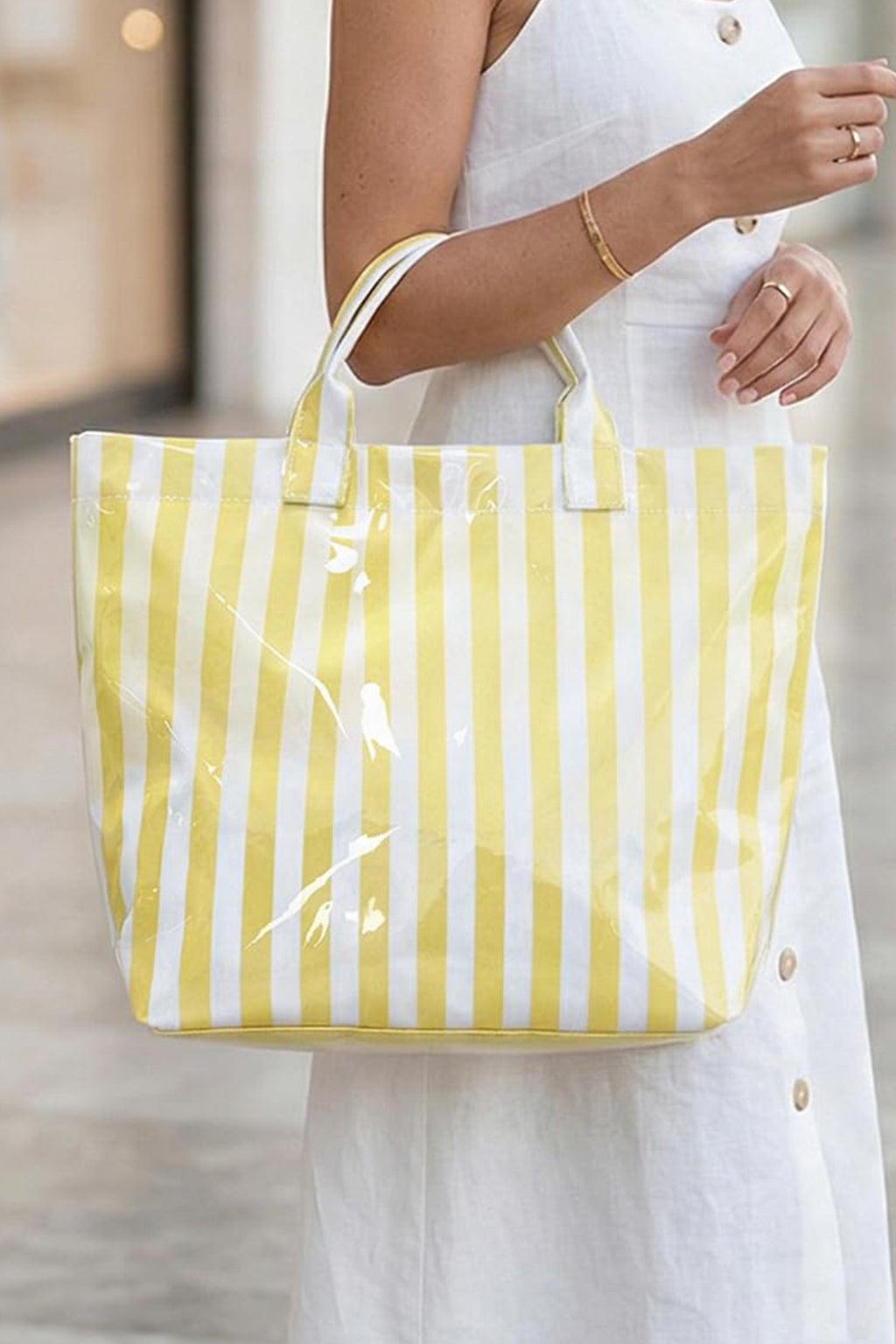Pink Glossy Striped Vinyl Large Tote Bag (Color Varied)