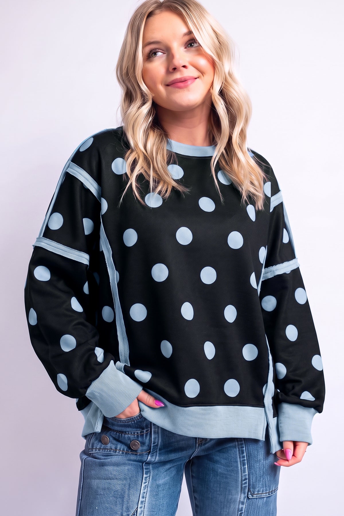 Black Polka Dot Contrast Patchwork Round Neck Baggy Sweatshirt