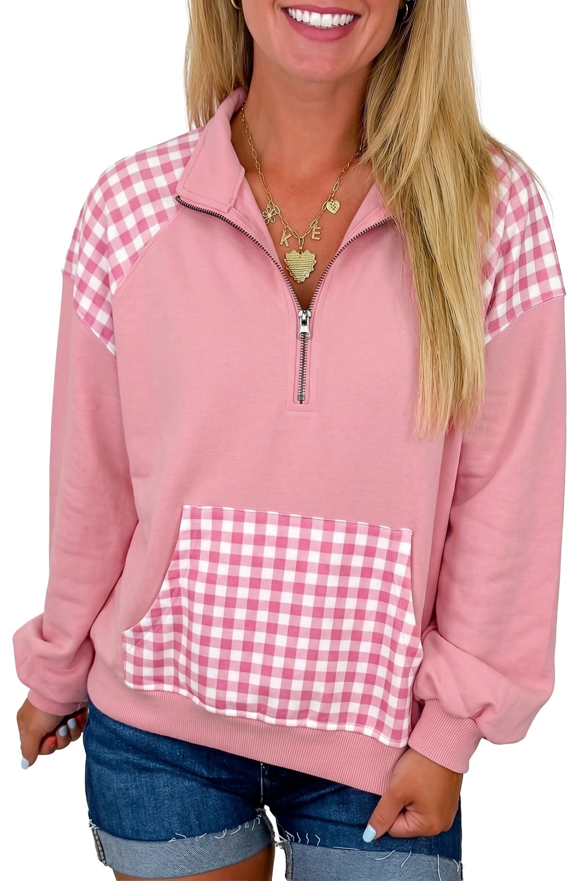 Racing Red Patchwork Plaid Pocket Quarter Zip Sweatshirt