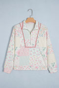 Multicolour Floral Quilted Metal Zipper Collar Long Sleeve Sweatshirt