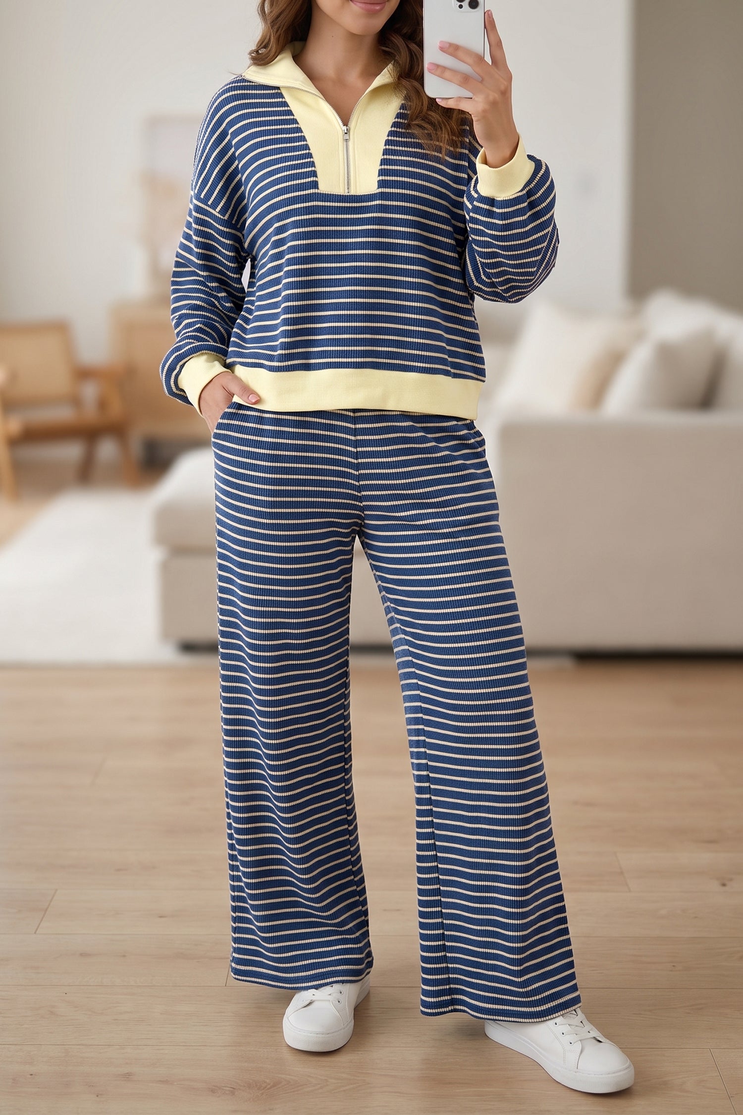 Blue Stripe Color Block Patchwork Zip V Neck Pullover Loose Pants 2pcs Set