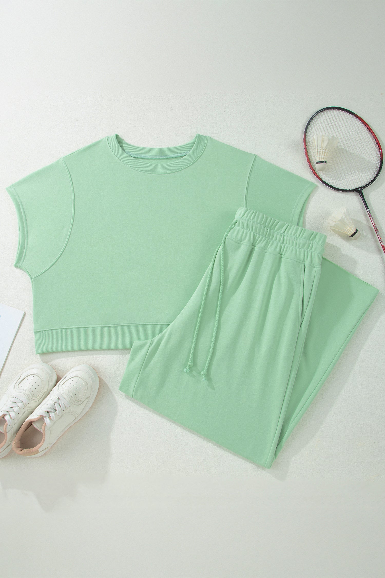 Mist Blue Solid Color Ribbed Trim Short Sleeve Top Drawstring Loose Pants 2pcs Outfit
