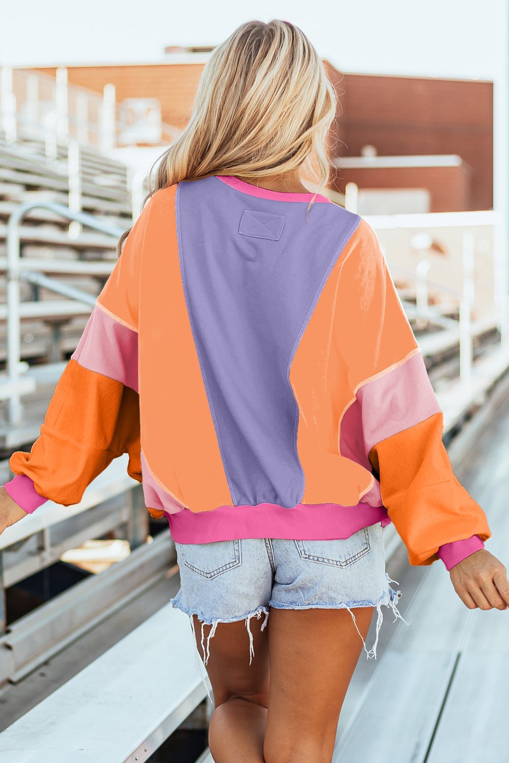 Grapefruit Orange Colorblock Patchwork Exposed Stitching Oversize Top