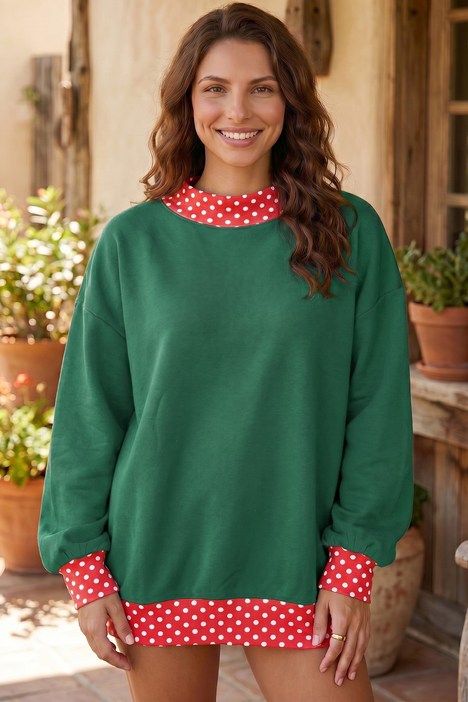 Dirty blue Colorblock Polka Dot Contrast Trim Oversized Sweatshirt