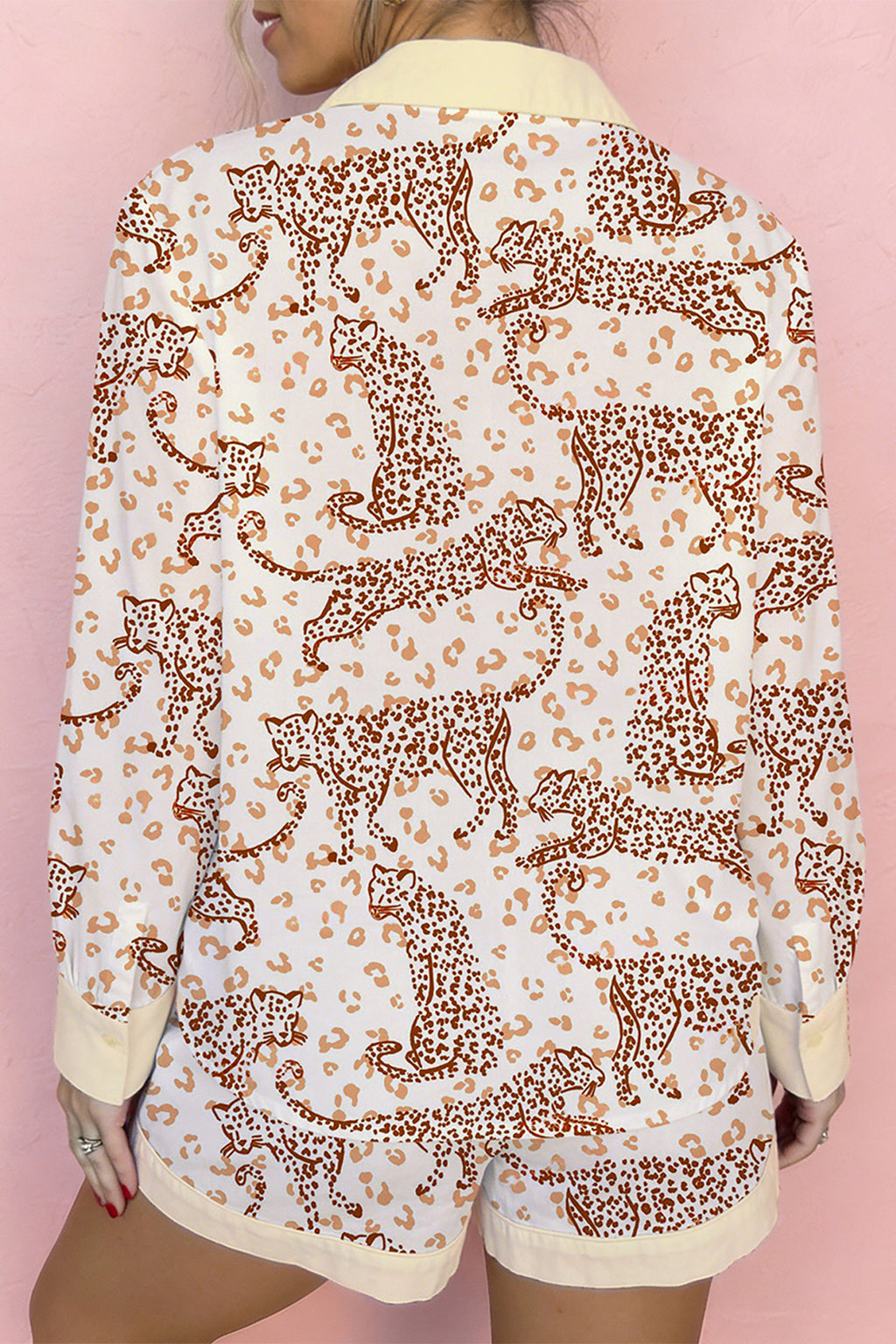 Yellow Leopard Print Colorblock Pocket Placket Long Sleeve Lounge Set