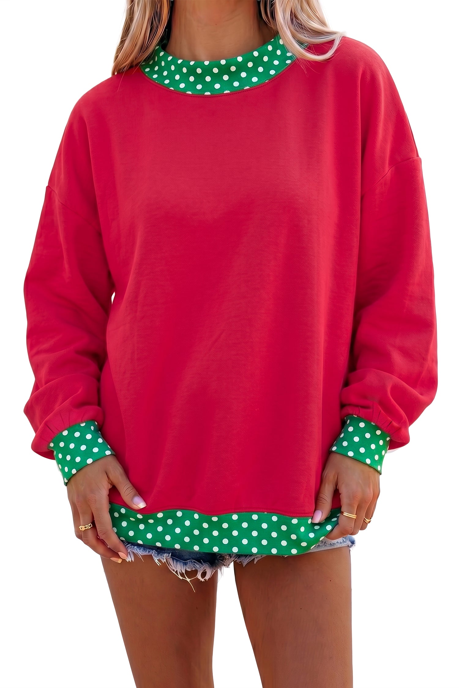 Dirty blue Colorblock Polka Dot Contrast Trim Oversized Sweatshirt