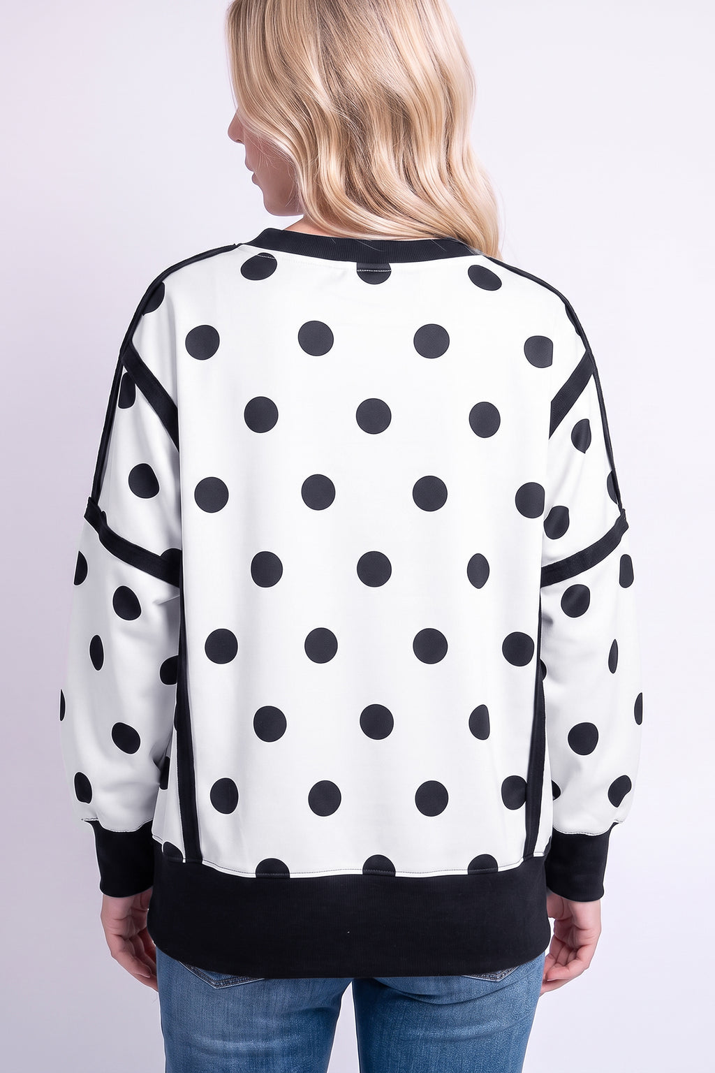 Black Polka Dot Contrast Patchwork Round Neck Baggy Sweatshirt