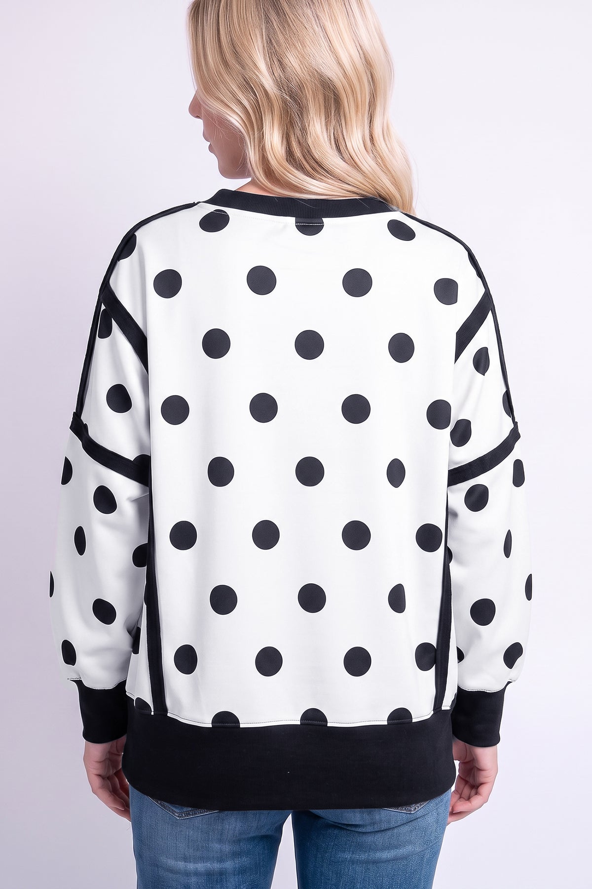 Black Polka Dot Contrast Patchwork Round Neck Baggy Sweatshirt