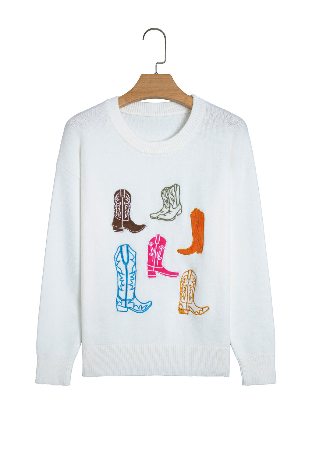 White Western Boots Embroidered Graphic Drop Shoulder Pullover Sweater