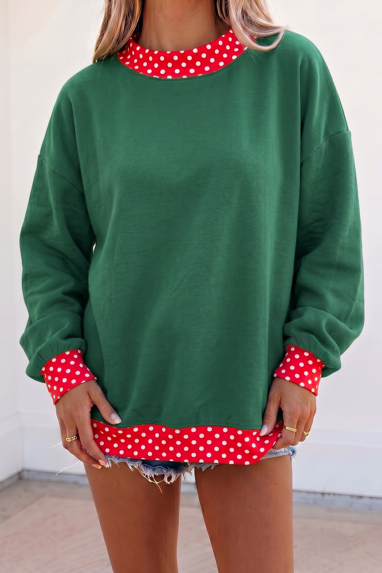 Dirty blue Colorblock Polka Dot Contrast Trim Oversized Sweatshirt
