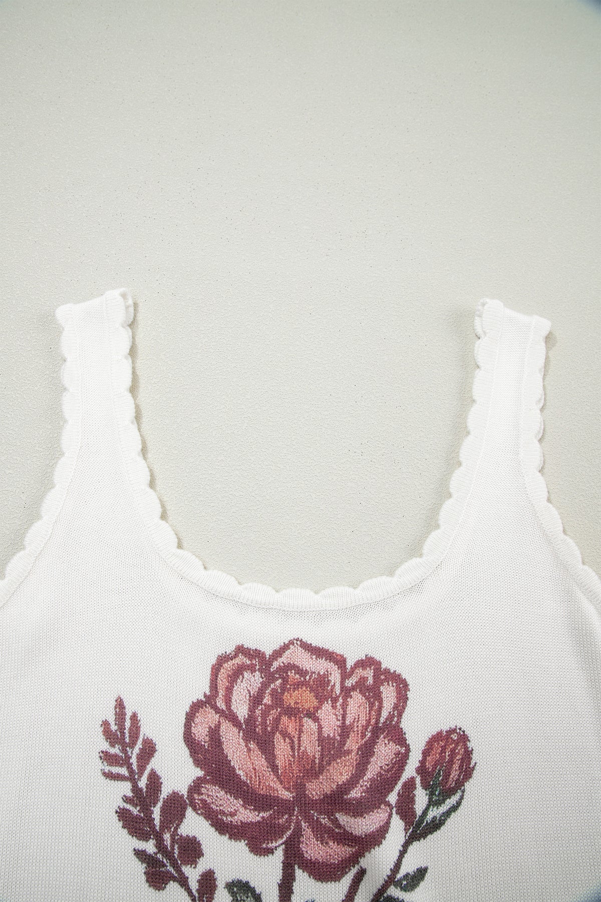 White Retro Floral Print Scalloped Square Neck Knit Sweater Vest