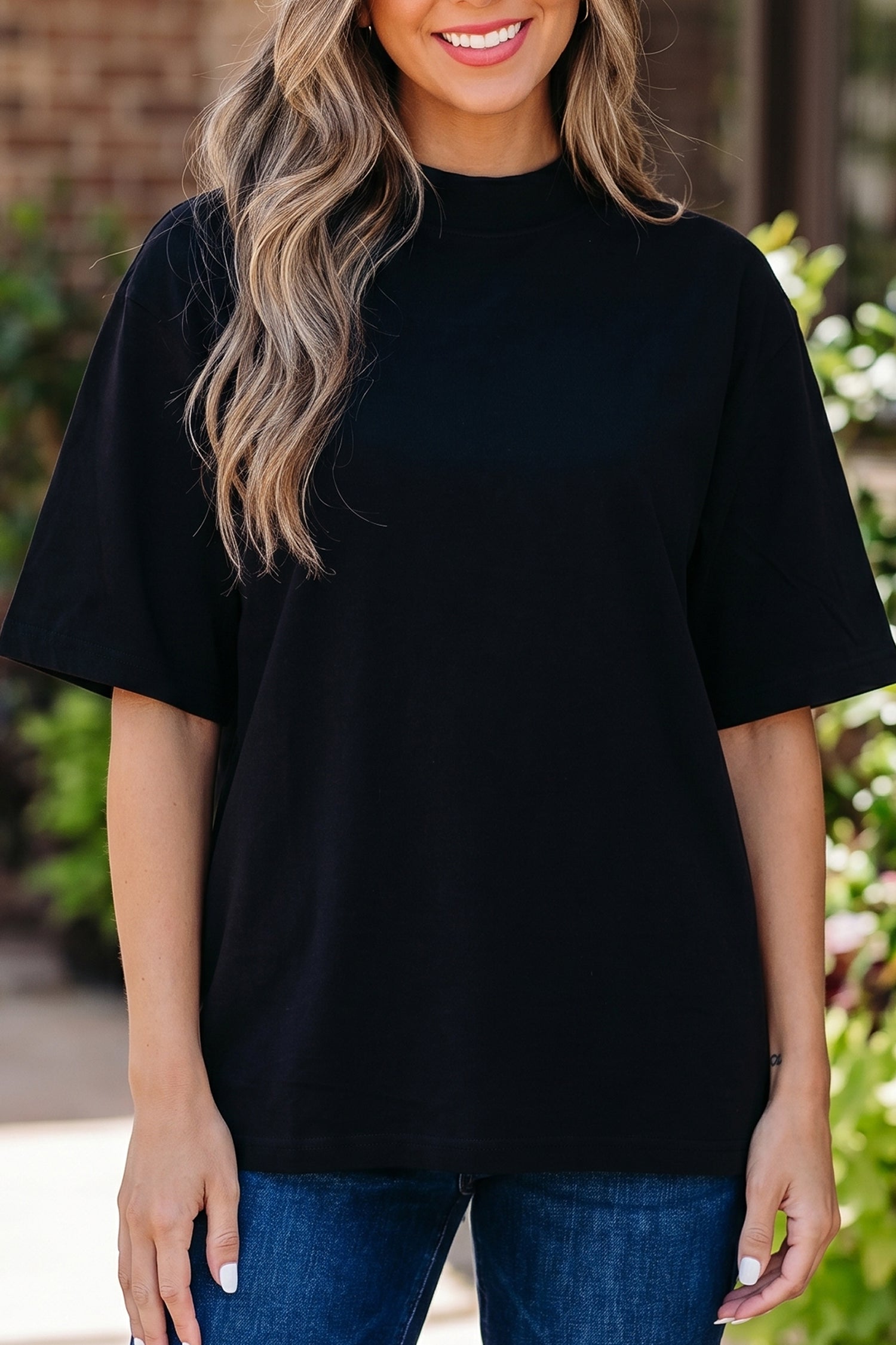 Beau Blue Solid Color High Neck Oversize Tee