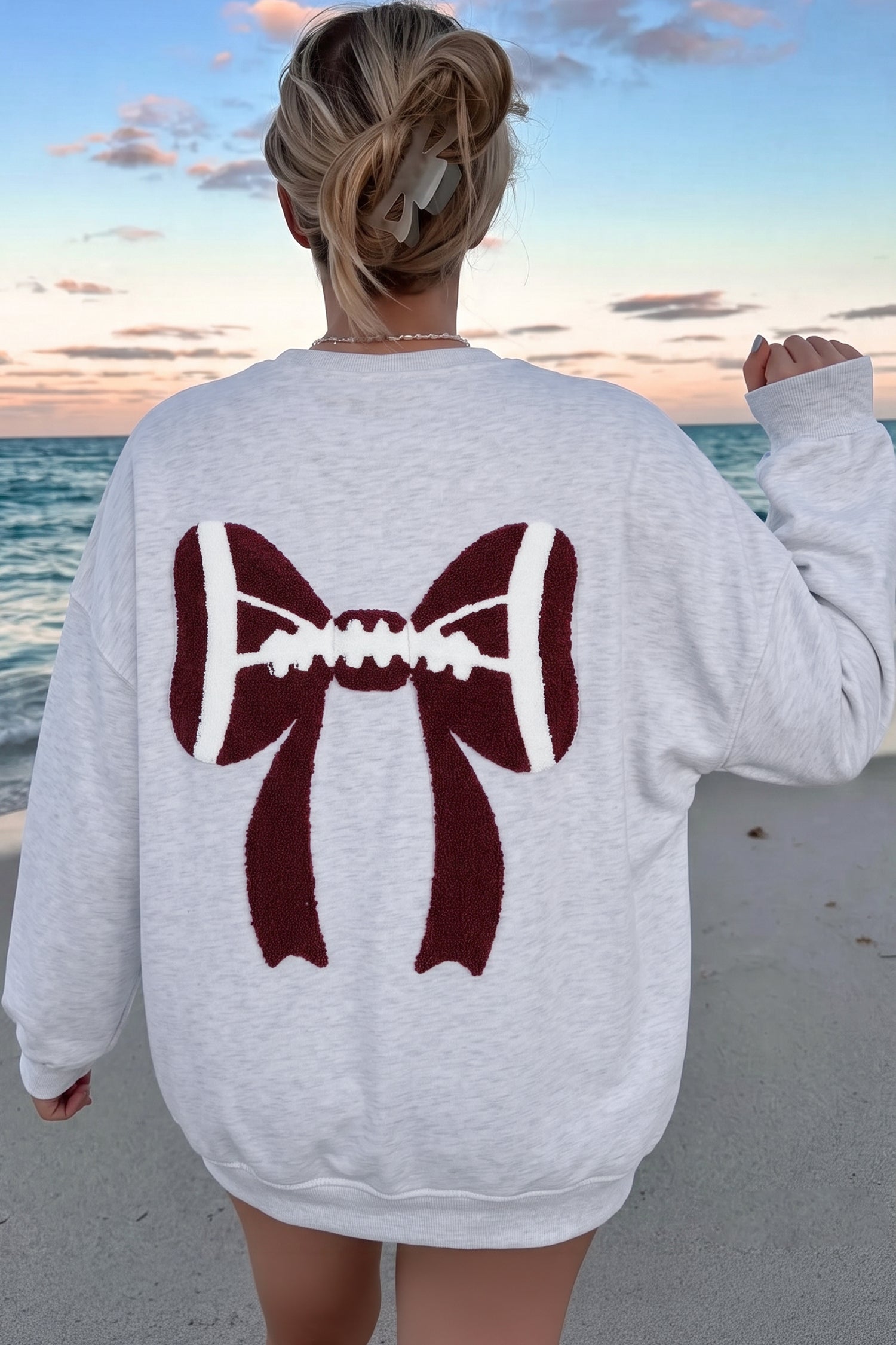Gray Chenille Embroidered Rugby Bow Game Day Oversized Sweatshirt
