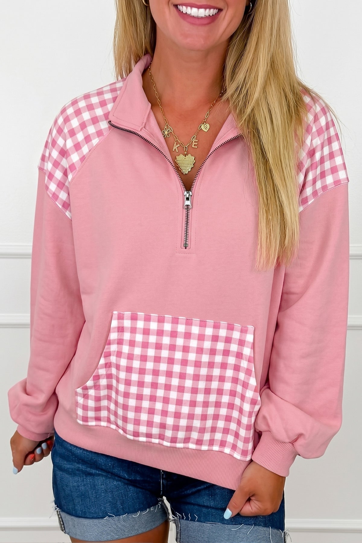 Racing Red Patchwork Plaid Pocket Quarter Zip Sweatshirt