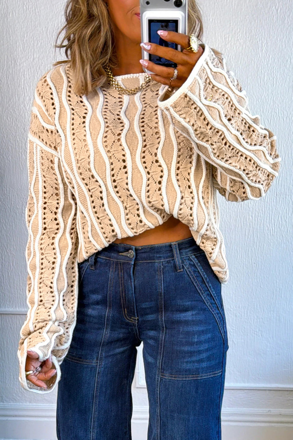 Pink Wavy Detail Hollow Out Knit Long Sleeve Cotton Pullover Sweater