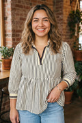 Black Stripe Patchwork Striped V Neck Tunic Plus Size Blouse